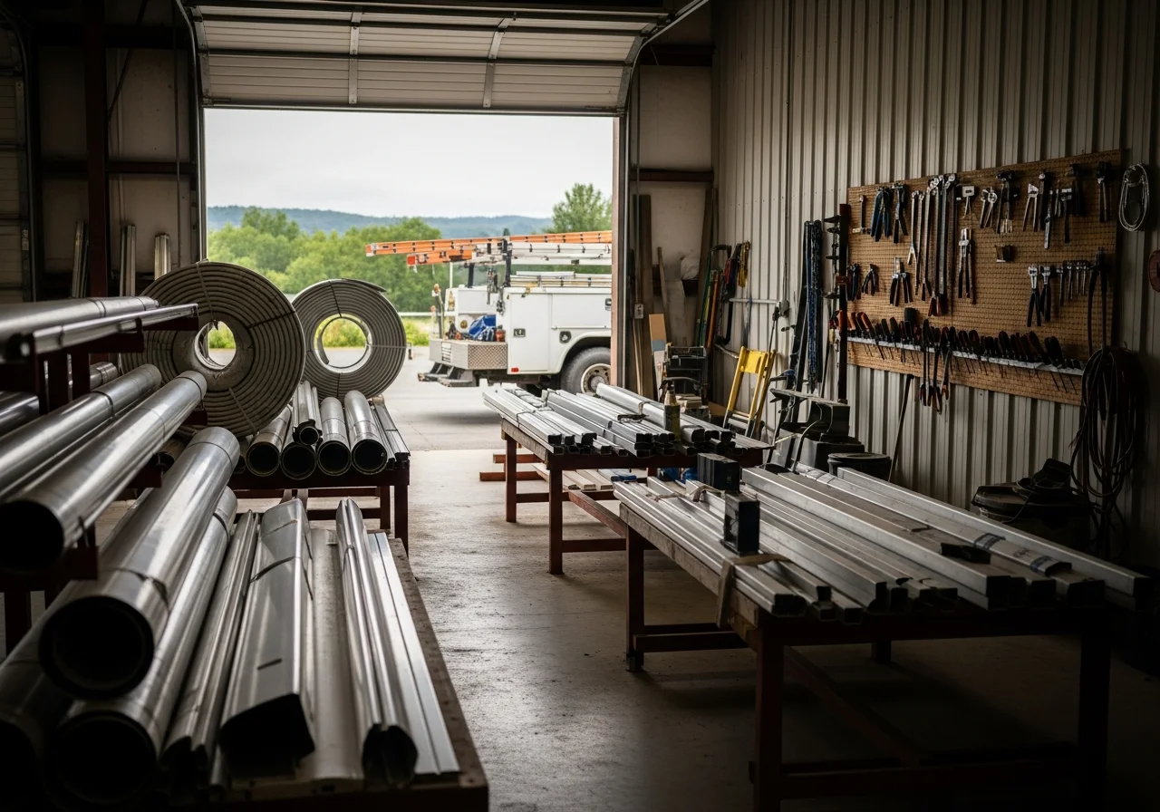 Seamless gutter installation equipment and materials staged for service readiness.