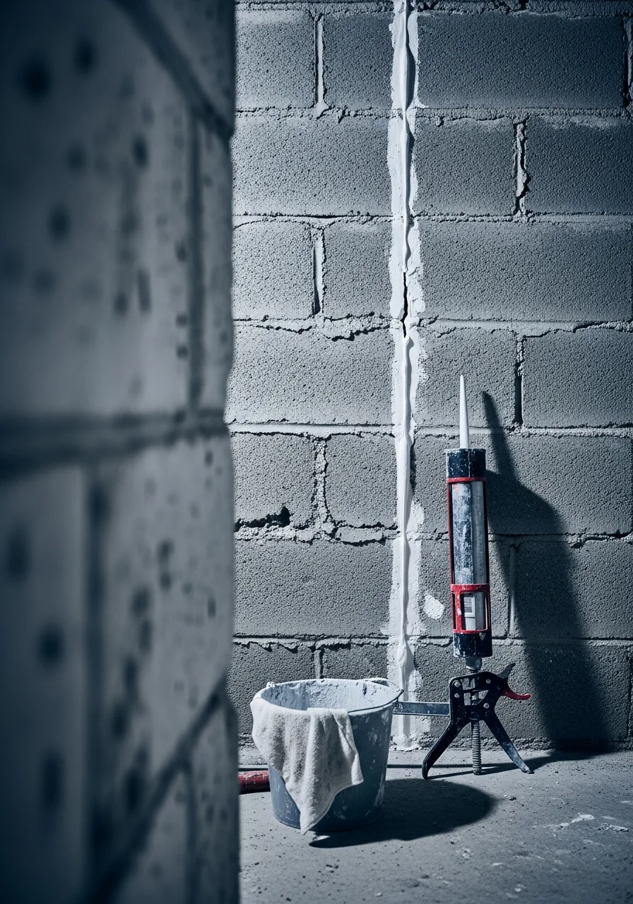 Close-up of a foundation crack in a Beckley residential basement, showing the repair process and new sealant application.