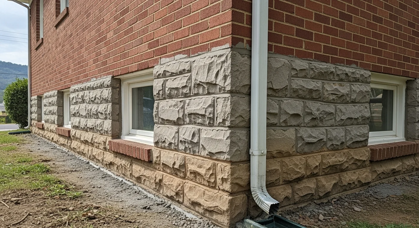 Brick foundation of a historic Beckley home with visible mortar repair work and new drainage installed along the perimeter.
