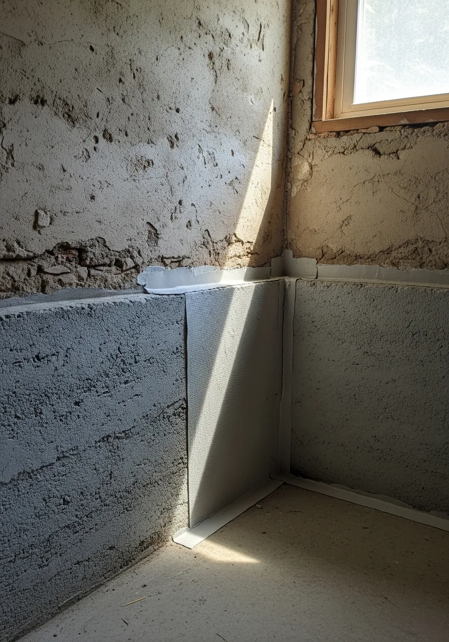 Bluefield basement interior with foundation crack repair and new moisture barrier system installed.