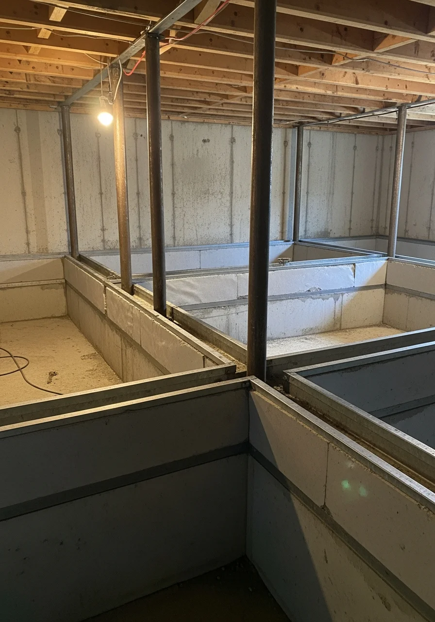 Charleston basement interior showing foundation repair with new support posts and moisture barrier installation.