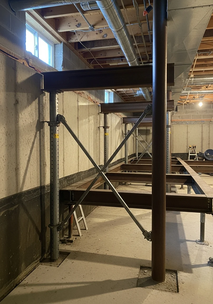 Interior basement view of a Fayetteville property with new foundation support system and moisture control installed.