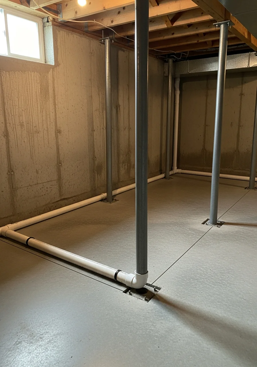 Hurricane basement interior showing foundation repair with new support posts and moisture control system.