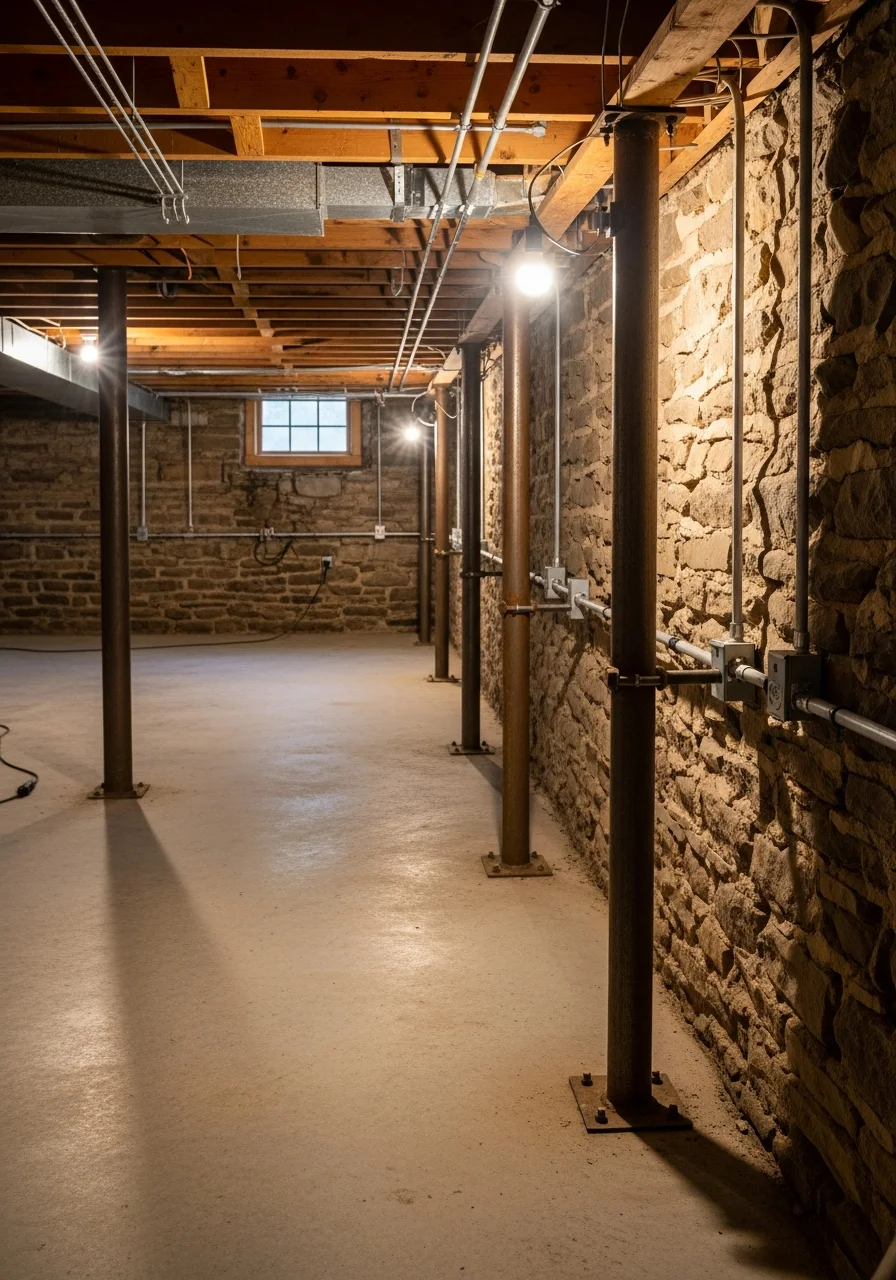 Lewisburg basement interior showing foundation stabilization work with new support system and moisture control.