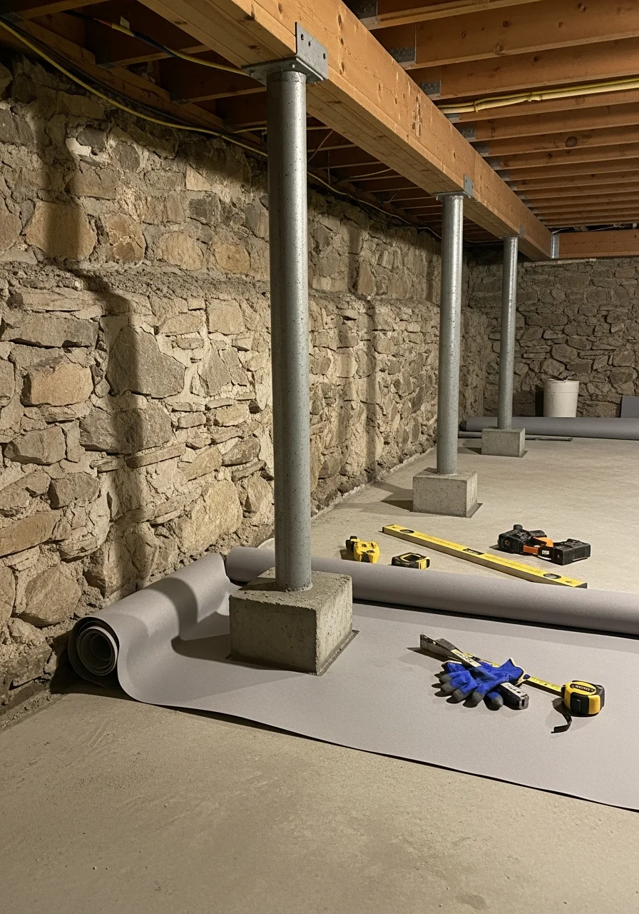 Close-up of foundation repair work in a Summersville basement showing new support and moisture barrier installation.