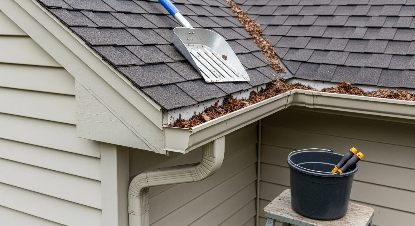 A Pro-Tec Gutter technician removing packed leaf debris and sediment from the gutters of a single-family home in Beckley, WV. The cleaned gutter channel shows clear flow toward a downspout on an older residential property.