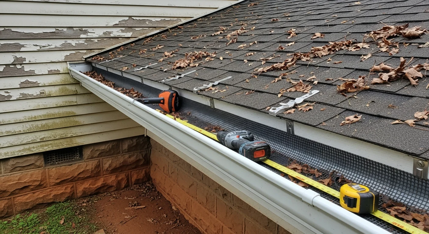 A close-up view of a newly installed gutter guard system on a single-family home in Beckley, WV, with autumn leaves resting on top of the guard while the gutter channel below remains clear. The home's older fascia board and downspout are visible against a backdrop of Appalachian tree cover.