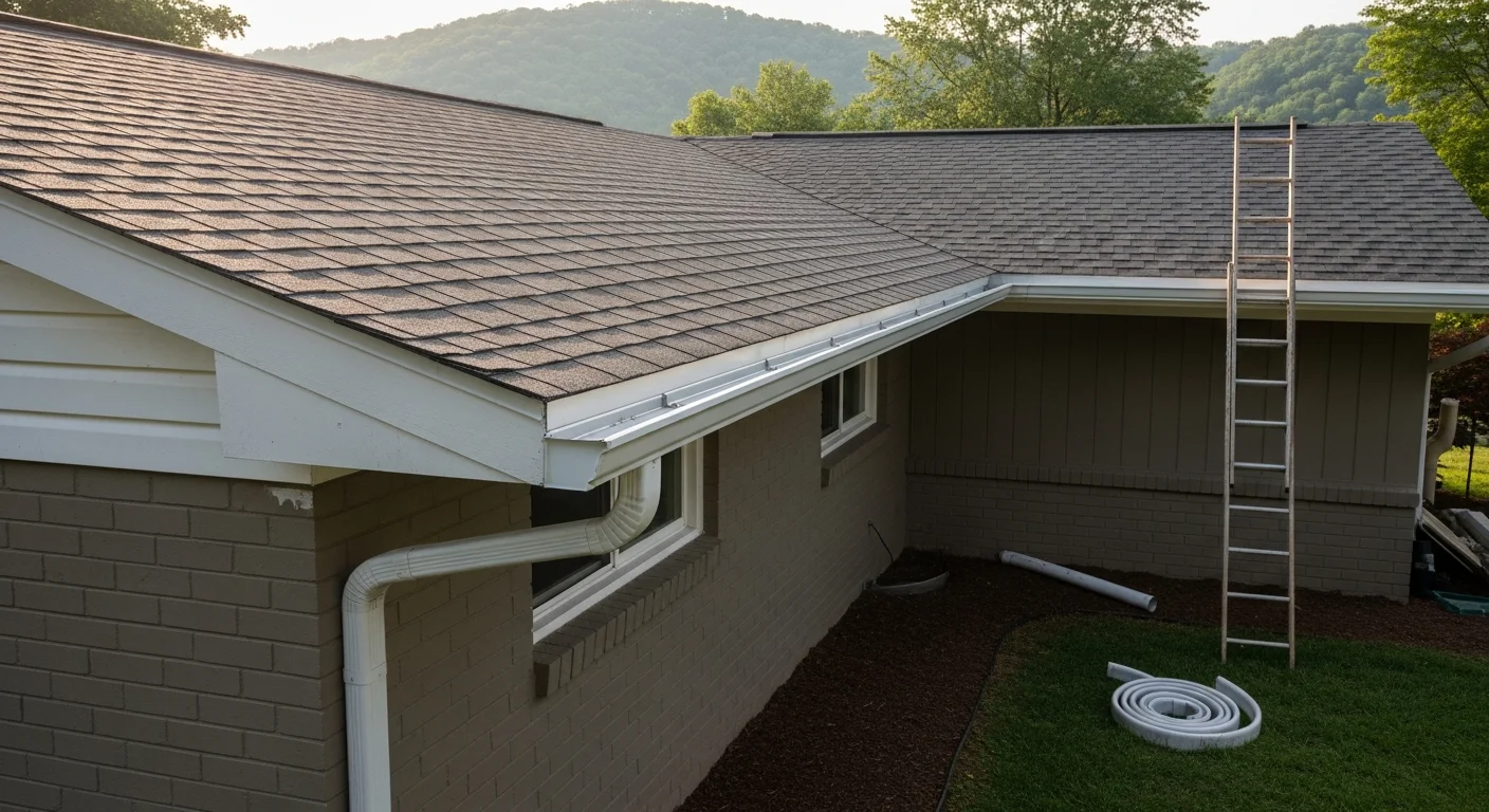 Newly installed gutters on a single-family home in Beckley, WV, with a downspout directing water away from the foundation along the side of the house. The gutters run the full length of the roofline against a backdrop of Appalachian hillside tree cover.