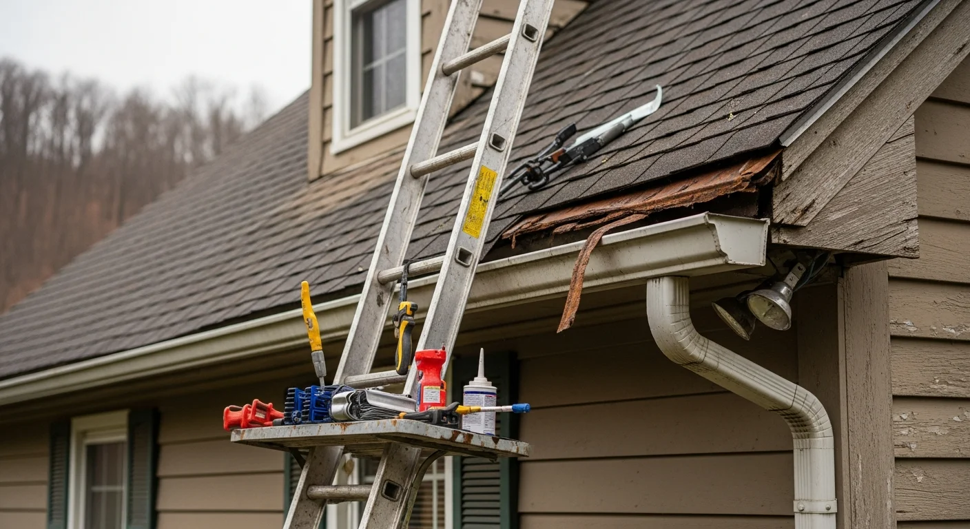 A Pro-Tec Gutter technician repairing a sagging gutter section on a single-family home in Beckley, WV. The image shows a close-up of a resealed gutter joint and secured fascia bracket on an Appalachian hillside property.