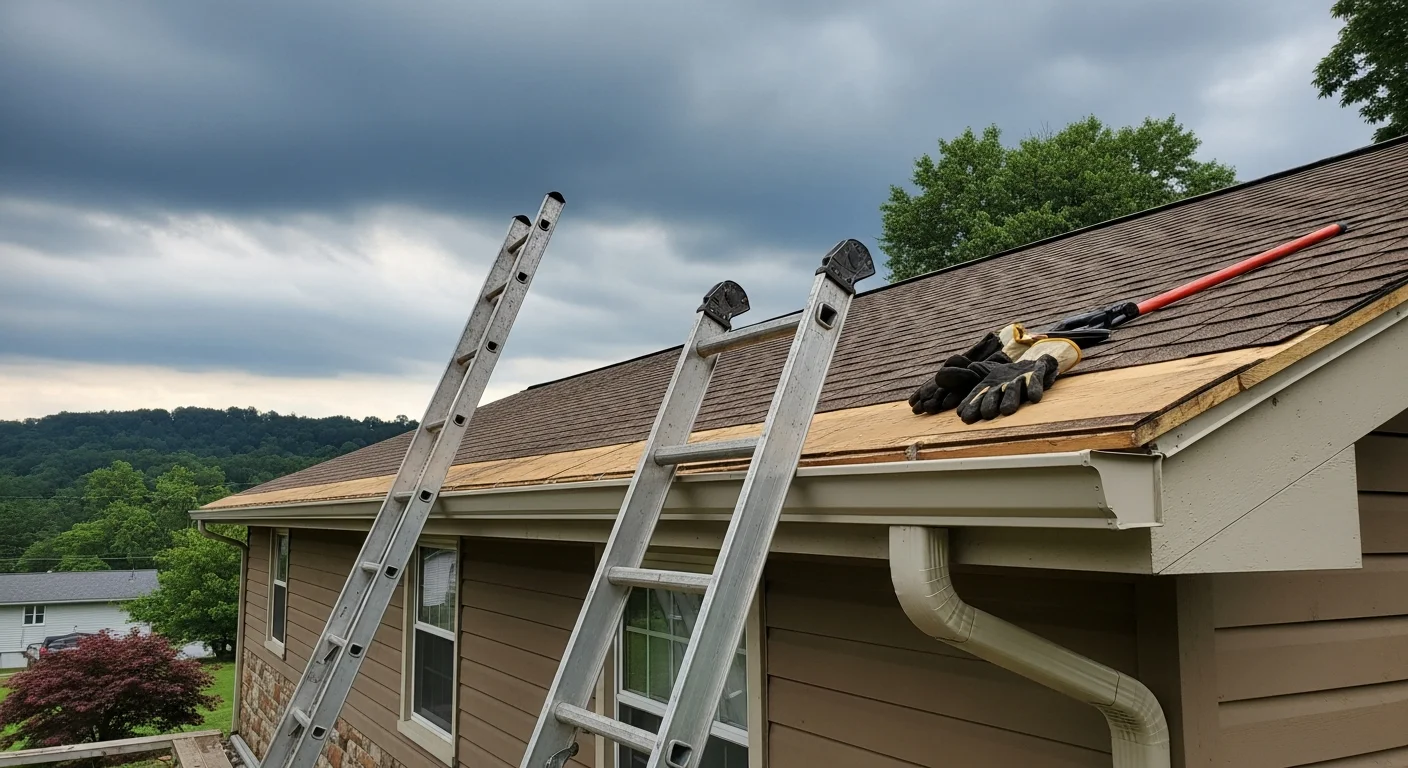 New gutters installed along the roofline of an older single-family home in Beckley, WV, with downspouts directed away from the foundation. Close view shows clean, properly pitched gutter runs replacing a rusted and sagging original system.