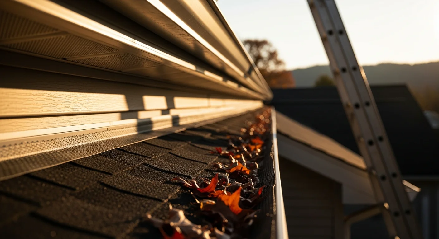 A Pro-Tec Gutter technician installing a leaf guard cover over an aluminum gutter on a residential home in Beckley, WV. The surrounding yard shows mature deciduous trees with fall leaves on the ground near the foundation.