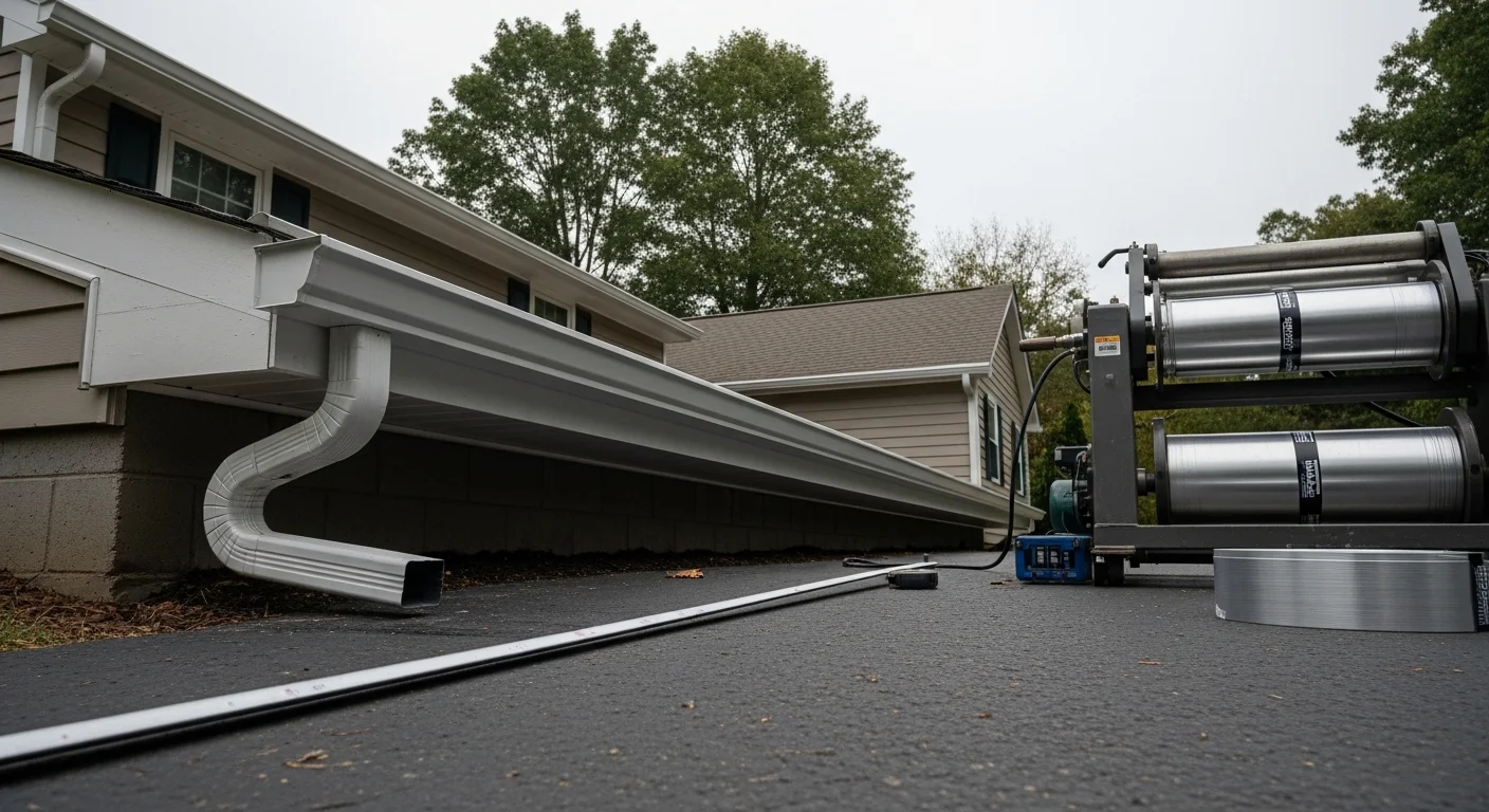A Pro-Tec Gutter crew installing a seamless aluminum gutter system along the roofline of a single-family home in Beckley, WV. The gutter run follows a ranch-style roofline with a downspout positioned at the corner to direct water away from the foundation.