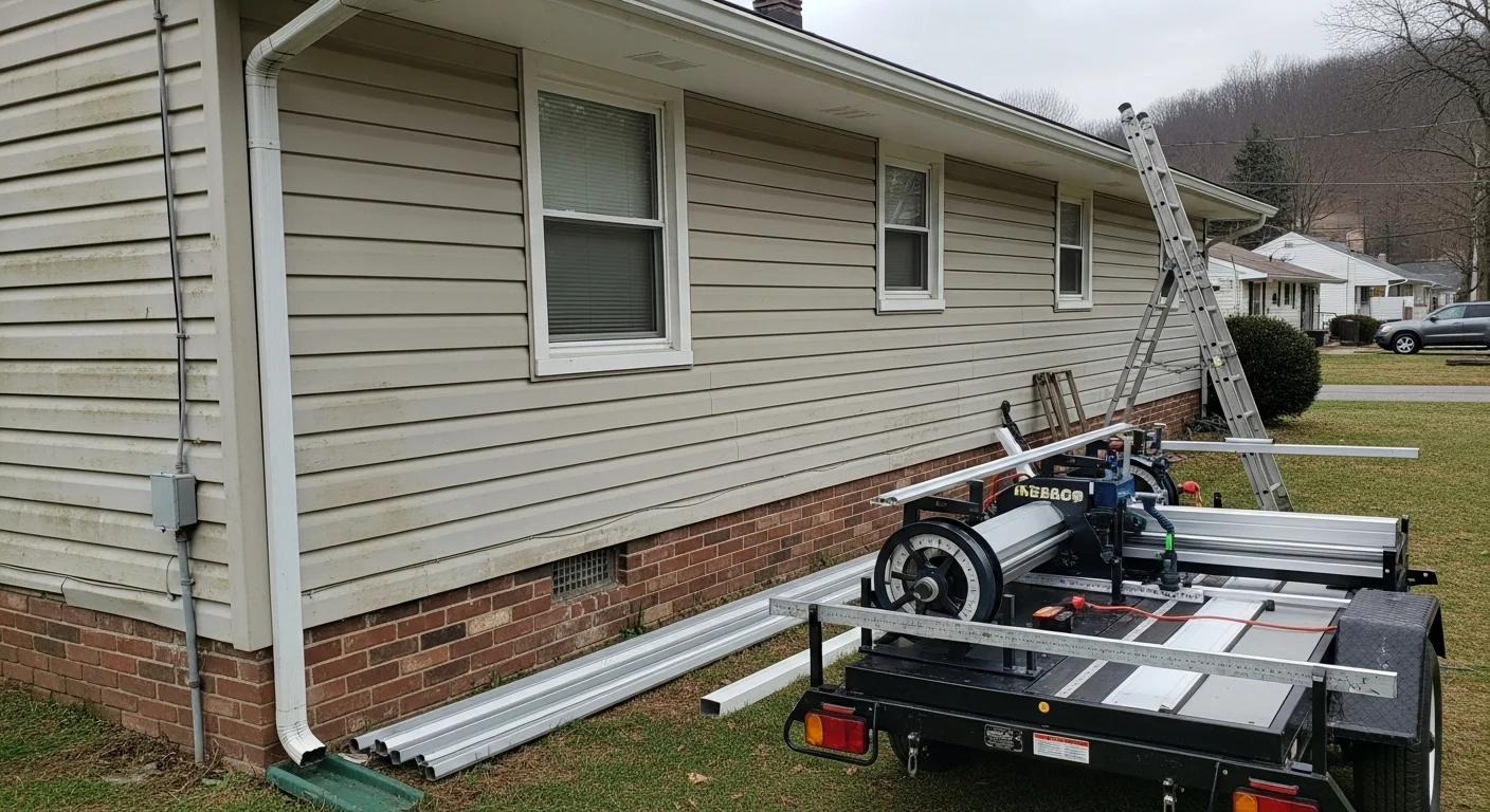 Newly installed seamless gutters running along the roofline of a single-family home in Beckley, WV, with a downspout directing water away from the foundation. The gutters show a clean, continuous profile with no visible seams or joints.